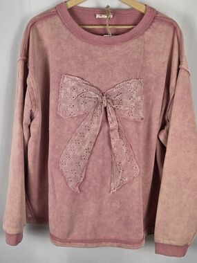 Sage + Fig Mineral Wash Bow Sweatshirt NWT Size Small Girly Coquette Pullover